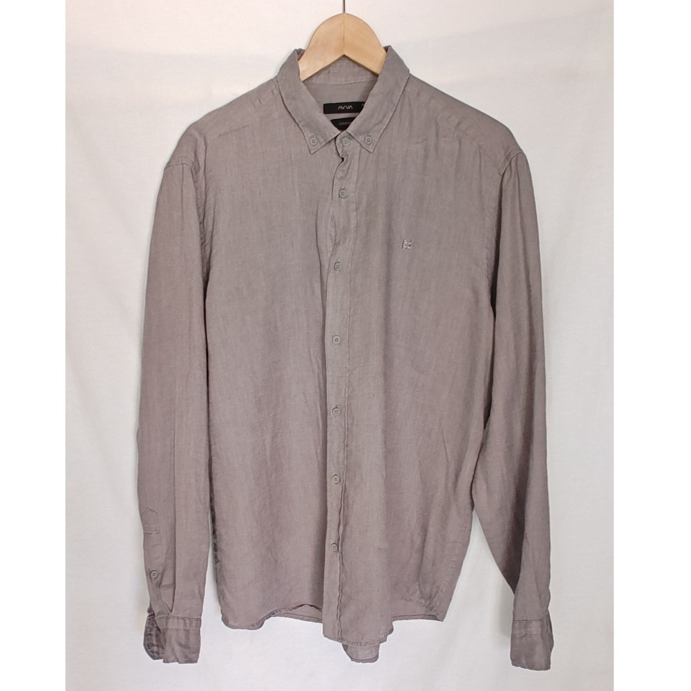 Avva Button Down Shirt‎ Gray 100% Linen Comfort Fit Long Sleeve Turkey Medium M